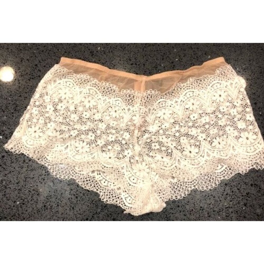 Victorias Secret Ivory Lace Panties M Nude Mesh Detail Zip Back Hook & Eye